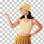 Fashion, hand and Asian woman with comic eyes isolated on a yellow background in a studio. Happy, funny and stylish girl model with mockup for product placement space, advertising and motivation