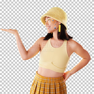 Buy stock photo Fashion, hand and Asian woman with comedy eyes isolated transparent or png background. Happy, funny and stylish girl or person with mockup for product placement space, advertising and motivation