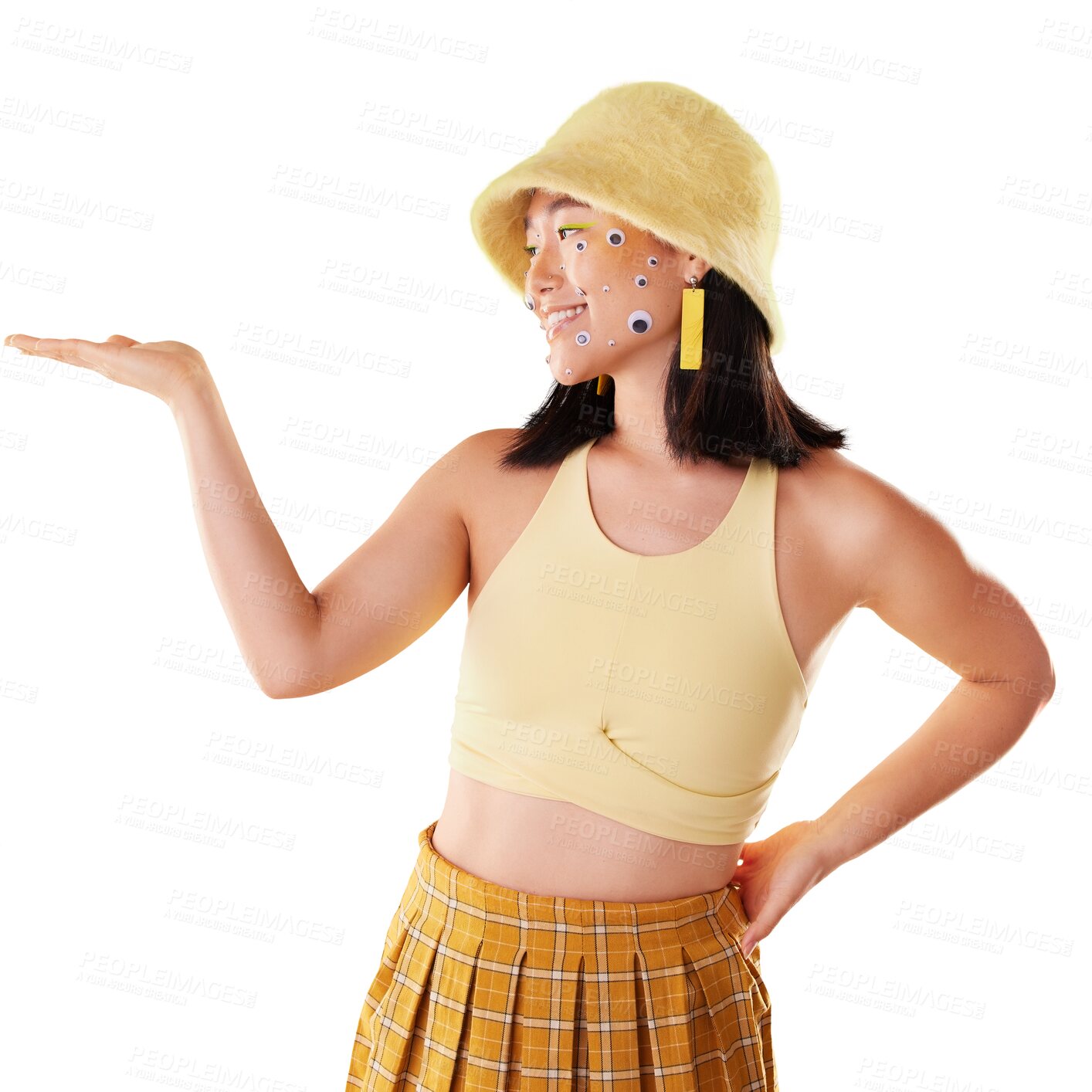 Buy stock photo Fashion, hand and Asian woman with comedy eyes isolated transparent or png background. Happy, funny and stylish girl or person with mockup for product placement space, advertising and motivation