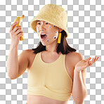 Shock, surprise and woman with a banana in a studio with creative eye stickers on her face. Fruit, fashion and Asian female model with omg, wtf or wow facial expression isolated by yellow background.