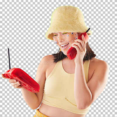 Woman, landline and studio background for fashion, beauty and excited smile with eyes sticker art on face for chat. Asian gen z model, 90s aesthetic and phone call for communication, talk and happy