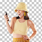 Asian woman, cellphone and studio for surprise, fashion or eyes sticker art on face with smile for social media. Happy gen z model, 90s aesthetic and phone for communication, chat and app with wow