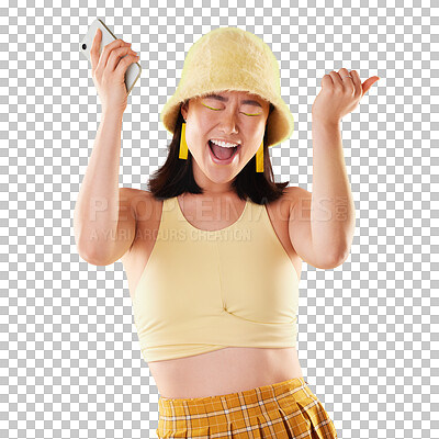 Buy stock photo Phone, winner and happy woman with fashion success, cheers or celebration of sales or gen z discount. Social media, winning and wow or excited person celebrate isolated on transparent png background