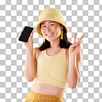 Portrait, peace sign and Asian woman with phone in studio isolated on a yellow background mockup. Makeup, fashion and smile of happy female with v hand gesture and mobile smartphone for advertising.