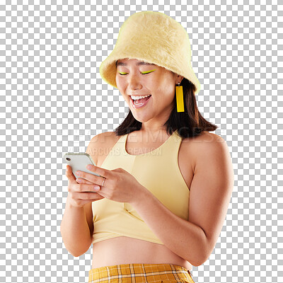 Buy stock photo Phone, typing and excited or happy woman for fashion sale, blog information and social media networking. Funny meme, mobile chat and gen z or asian person isolated on transparent, png background