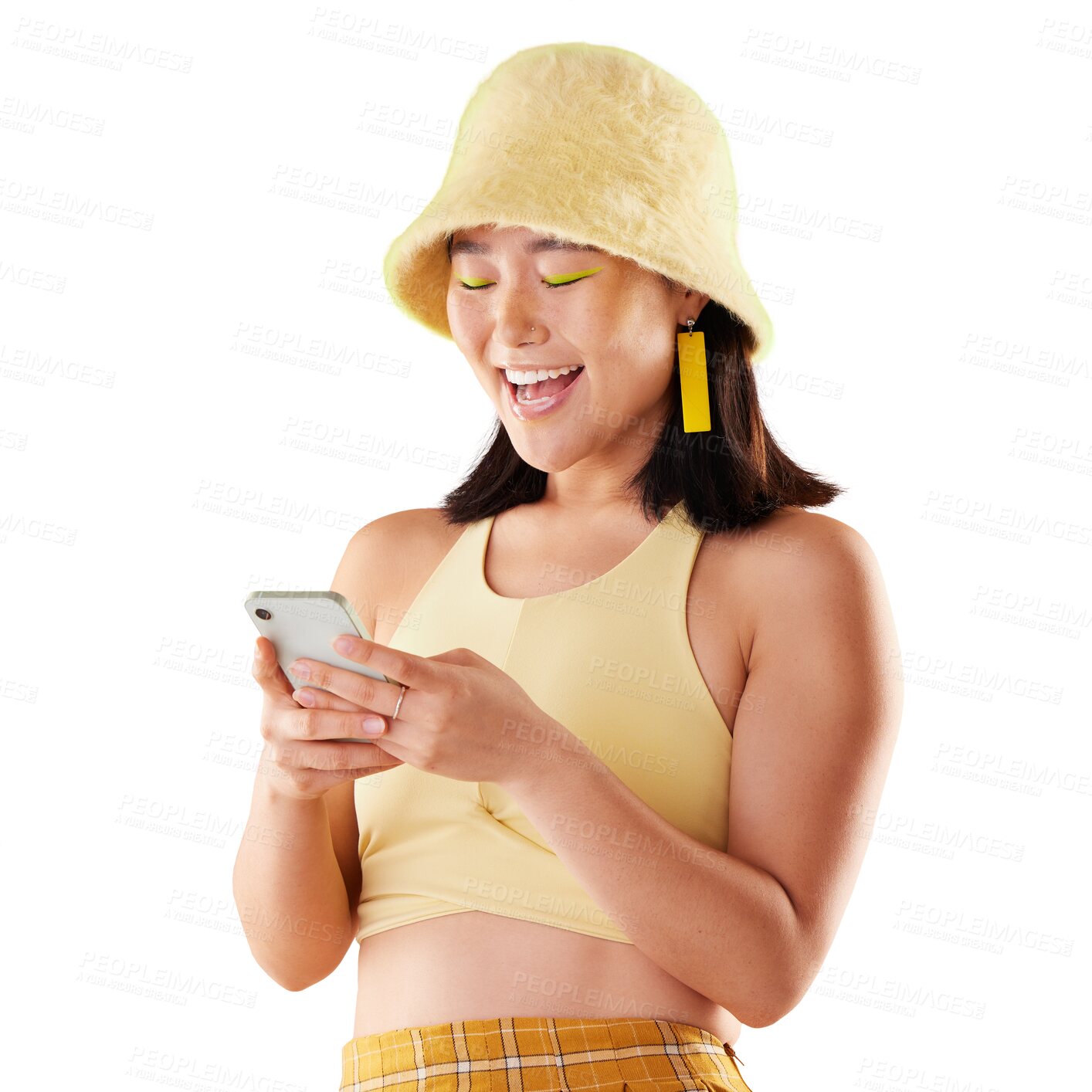 Buy stock photo Phone, typing and excited or happy woman for fashion sale, blog information and social media networking. Funny meme, mobile chat and gen z or asian person isolated on transparent, png background