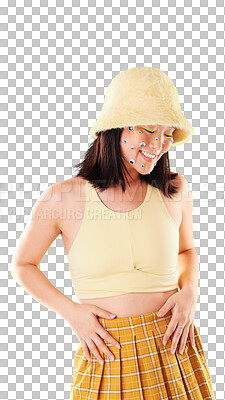 Fashion, carefree and an Asian woman with eyes for playing isolated on a yellow background in a studio. Smile, comic and stylish girl with a funny product for playful expression on a backdrop