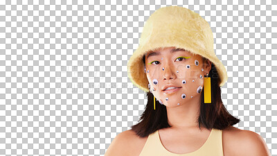 Fashion, portrait and Asian woman with comic eyes isolated on a yellow background in a studio. Face of aesthetic girl with mockup space for advertising and motivation for gen z cosmetics and beauty