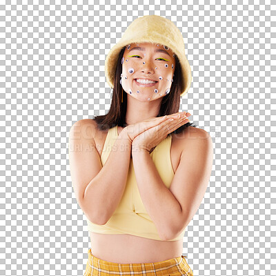 Asian woman, gen z fashion and studio portrait with beauty, eyes sticker art and retro aesthetic by yellow background. Young Japanese model, excited face and vintage 90s clothes with facial makeup