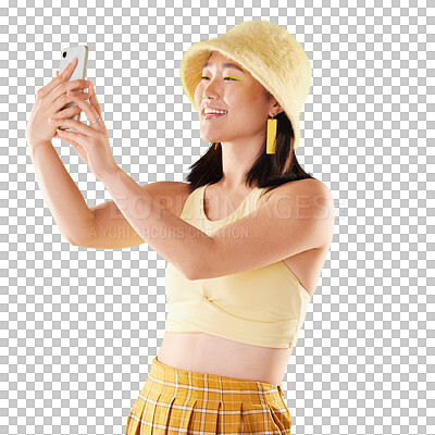 Buy stock photo Gen z, woman and selfie with happiness and fashion, yellow and social media post on transparent png background. Memory, influencer and trendy clothes, live stream and Asian model smile in picture