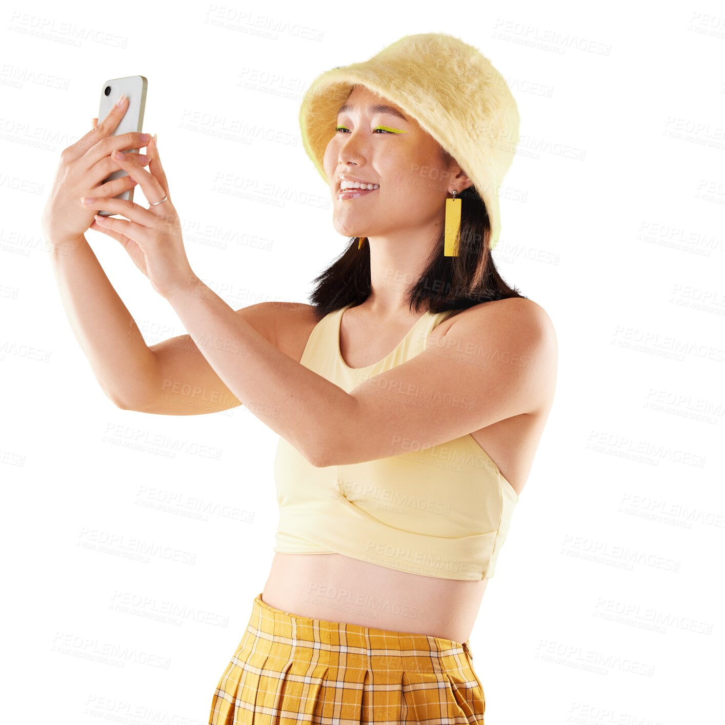 Buy stock photo Gen z, woman and selfie with happiness and fashion, yellow and social media post on transparent png background. Memory, influencer and trendy clothes, live stream and Asian model smile in picture