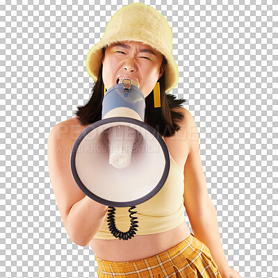 Buy stock photo Megaphone, fashion and woman voice of news, broadcast or student sale isolated on transparent png background. Asian person, gen z or youth for announcement, call to action or trendy clothes promotion