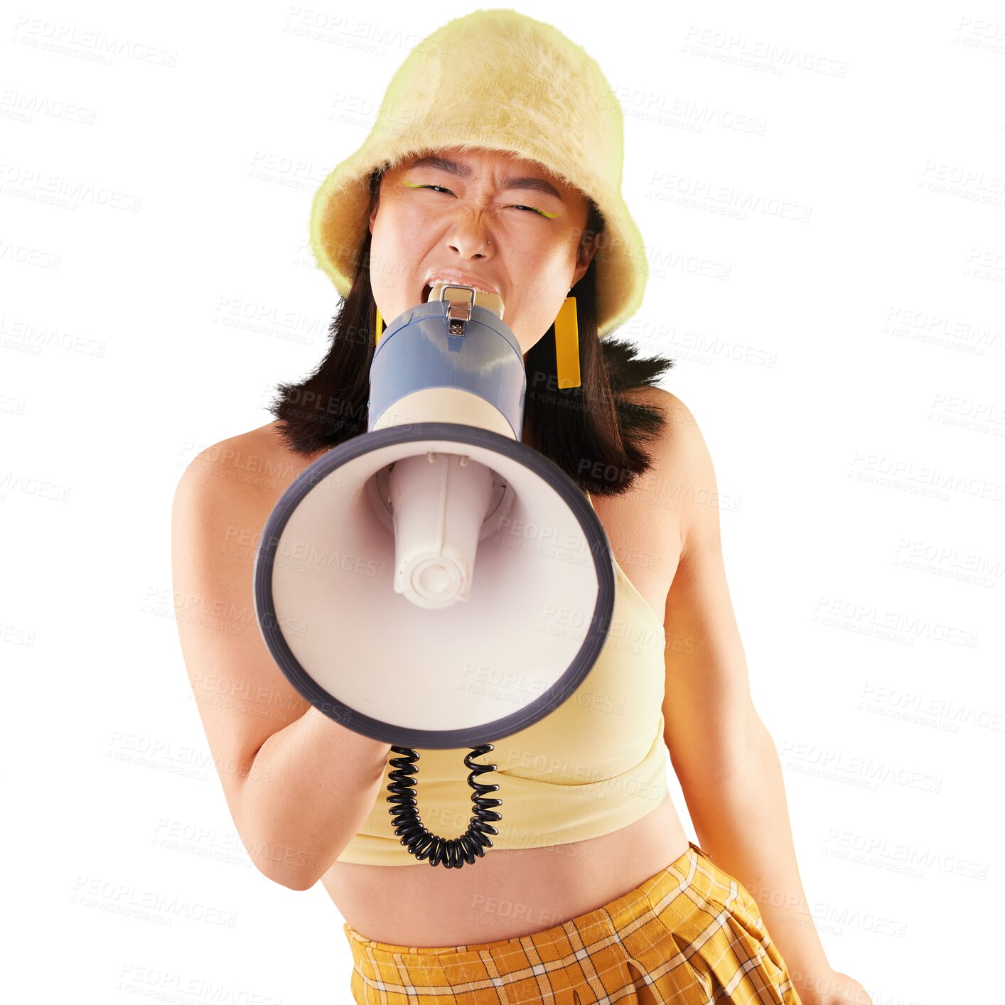 Buy stock photo Megaphone, fashion and woman voice of news, broadcast or student sale isolated on transparent png background. Asian person, gen z or youth for announcement, call to action or trendy clothes promotion