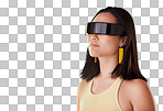 Vr, 3d metaverse and woman in virtual reality, exploring cyber world or futuristic tech mockup. Fantasy, gamer and female with digital ai glasses for gaming in studio isolated on a yellow background.