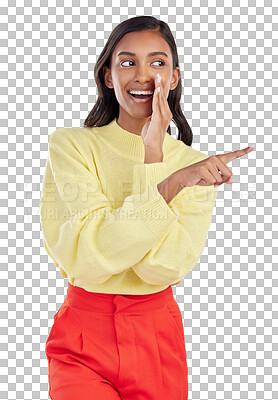 Buy stock photo Pointing whisper, bully and woman with gossip, secret and happiness isolated on a transparent background. Female person, information or model with whispering, png or smile with discussion or speaking