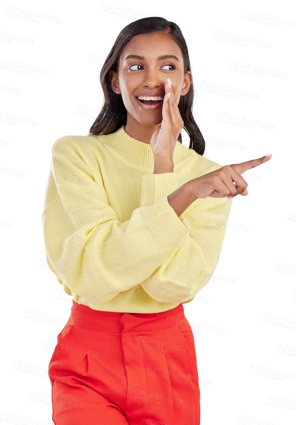 Buy stock photo Pointing whisper, bully and woman with gossip, secret and happiness isolated on a transparent background. Female person, information or model with whispering, png or smile with discussion or speaking