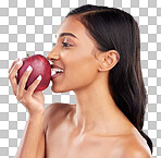 Woman, apple with face profile and health with nutrition and fru