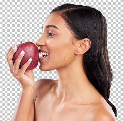 Buy stock photo Apple, eating and woman with healthy food choice isolated on transparent png background for detox and diet. Red fruit, nutrition and young profile of person with lunch, vegan or lose weight balance 