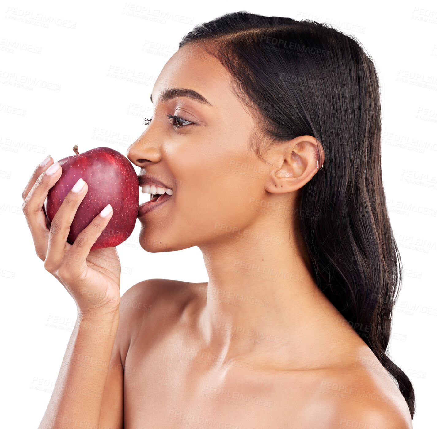 Buy stock photo Apple, eating and woman with healthy food choice isolated on transparent png background for detox and diet. Red fruit, nutrition and young profile of person with lunch, vegan or lose weight balance 