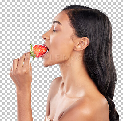 Woman, skincare and studio profile with strawberry, eating and w