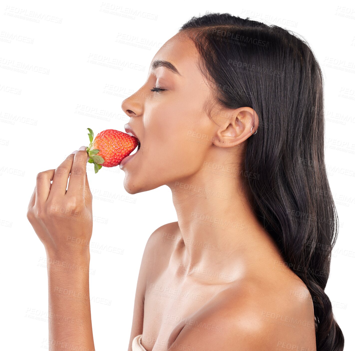 Buy stock photo Woman with a strawberry, skincare and eating for wellness, beauty with natural glow or nutrition on isolated, transparent or png background. Fruit, organic diet and healthy cosmetics with vitamin c