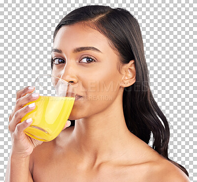 Buy stock photo Portrait, orange juice and Indian woman with weight loss, diet or detox on isolated, transparent and png background. Face, health and lady person with vitamin c drink, tonic or effervescent hydration