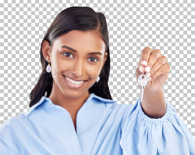 Buy stock photo Happy, homeowner and keys closeup portrait of a woman isolated on a transparent, png background. Giving, smile and a girl holding a key to a house, apartment or property investment for real estate