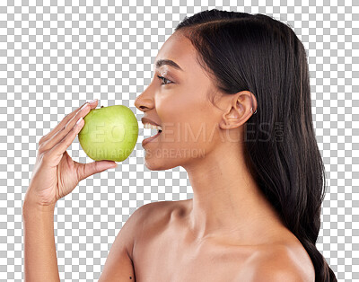 Woman, apple and face profile, health nutrition and fruit with h
