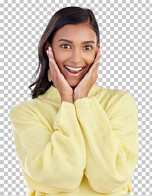 Buy stock photo Wow, portrait and hands on Indian woman face with surprise on isolated, transparent or png background. Excited, celebration and lady winner with emoji for news, sale or coming soon promo discount