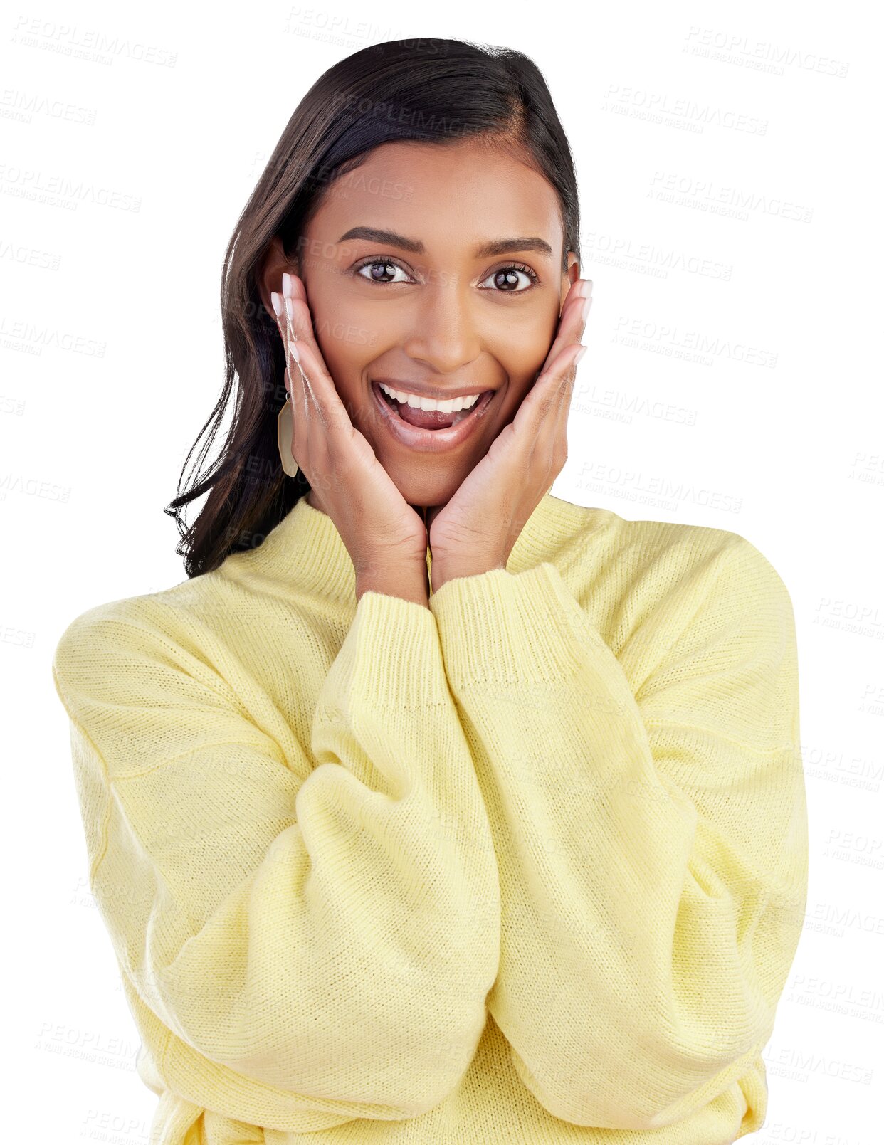 Buy stock photo Wow, portrait and hands on Indian woman face with surprise on isolated, transparent or png background. Excited, celebration and lady winner with emoji for news, sale or coming soon promo discount