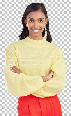 Buy stock photo Woman, smile and portrait with arms crossed and confidence of writer success. Young, creative professional and fashion Indian female with positive, happy and isolated on a transparent, png background