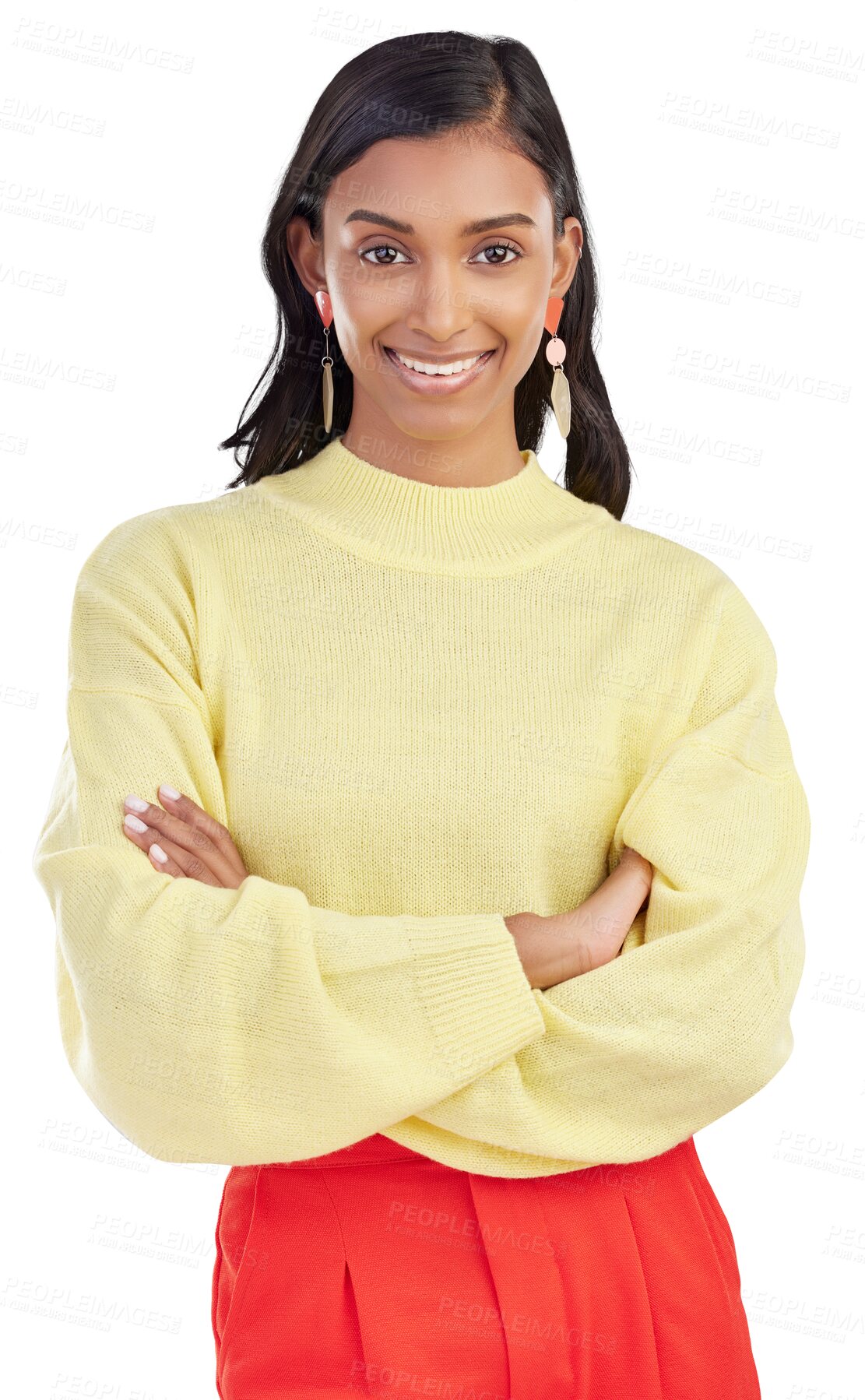 Buy stock photo Woman, smile and portrait with arms crossed and confidence of writer success. Young, creative professional and fashion Indian female with positive, happy and isolated on a transparent, png background