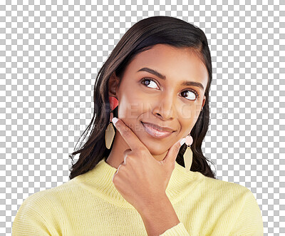 Buy stock photo Thinking, idea and hand on face of Indian woman on isolated, transparent and png background. Planning, choice and female person with decision, brainstorming and smile for solution or problem solving