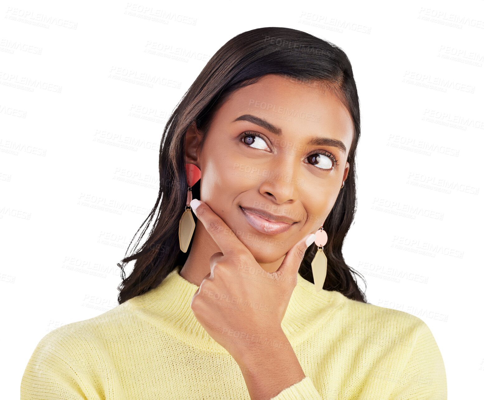 Buy stock photo Thinking, idea and hand on face of Indian woman on isolated, transparent and png background. Planning, choice and female person with decision, brainstorming and smile for solution or problem solving