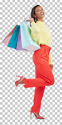 Buy stock photo Shopping bag, fashion and young woman for retail, winning and full body promotion isolated on transparent, png background. Gift, giveaway and happy customer or person in portrait for clothes sale