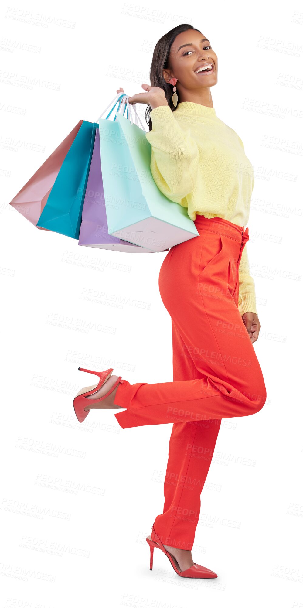 Buy stock photo Shopping bag, fashion and young woman for retail, winning and full body promotion isolated on transparent, png background. Gift, giveaway and happy customer or person in portrait for clothes sale