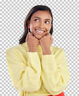 Buy stock photo Face of woman, thinking and smile for idea, choice or  mockup of decision on transparent, isolated or png background. Indian, girl with a plan and happy with dream, vision or option on promotion