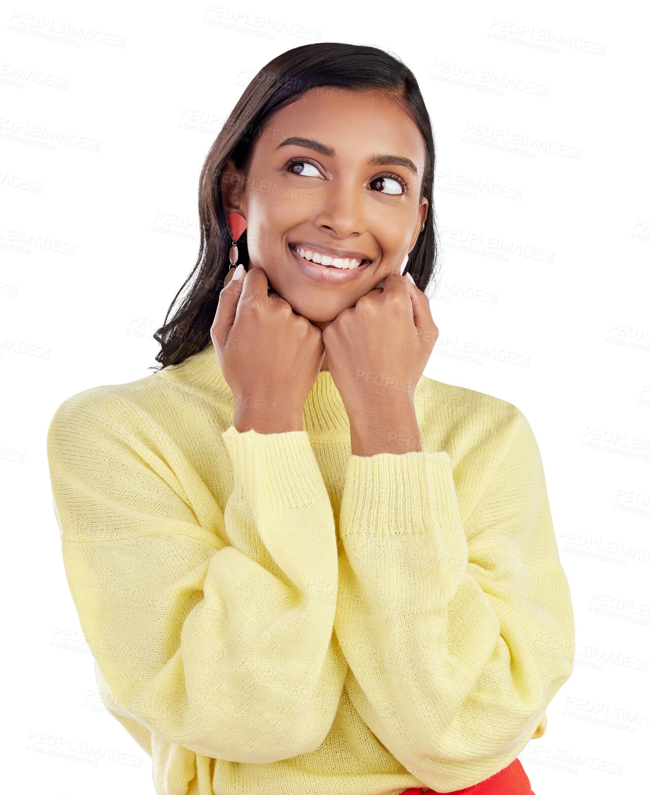 Buy stock photo Face of woman, thinking and smile for idea, choice or  mockup of decision on transparent, isolated or png background. Indian, girl with a plan and happy with dream, vision or option on promotion