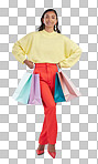 Portrait, fashion and woman with bags, shopping and glamour agai