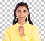 Face, idea and smile with a woman on a white background in studi