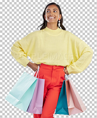 Buy stock photo Shopping bag, thinking and happy woman for retail, fashion ideas and inspiration isolated on transparent, png background. Gift, choice and customer or young person with clothes decision or vision