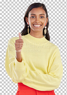 Buy stock photo Portrait, thumbs up and smile of woman isolated on transparent png background for yes feedback, review and vote of success. Happy female indian model show thumb emoji for thank you, support and like