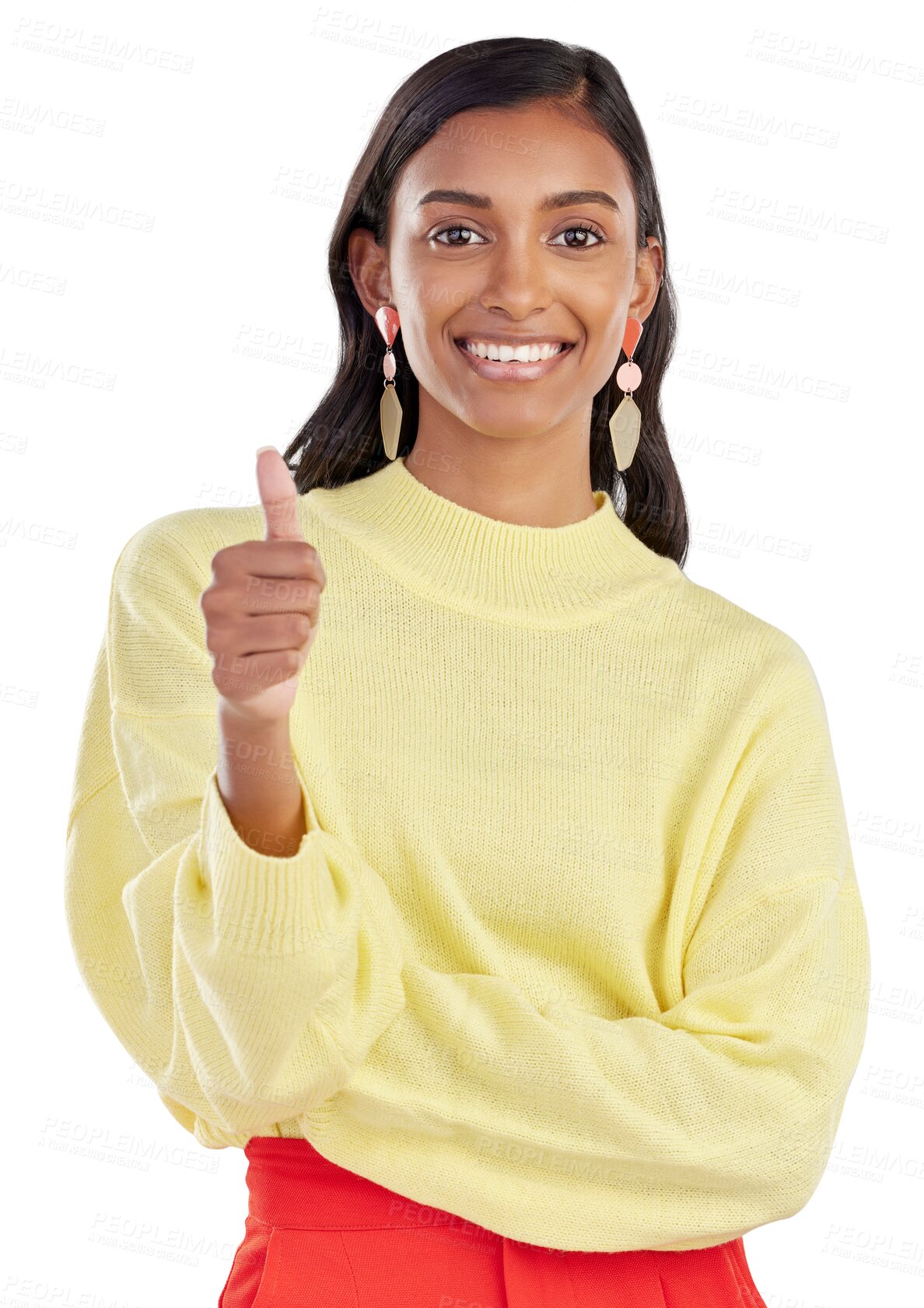 Buy stock photo Portrait, thumbs up and smile of woman isolated on transparent png background for yes feedback, review and vote of success. Happy female indian model show thumb emoji for thank you, support and like