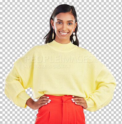 Buy stock photo Happy woman, portrait and smile with confidence standing isolated with hands on hips. Face of stylish and confident Indian female posing and smiling in colorful fashion on transparent, png background