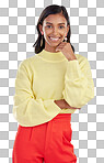 Fashion, happy and portrait of a woman in a studio with a stylis