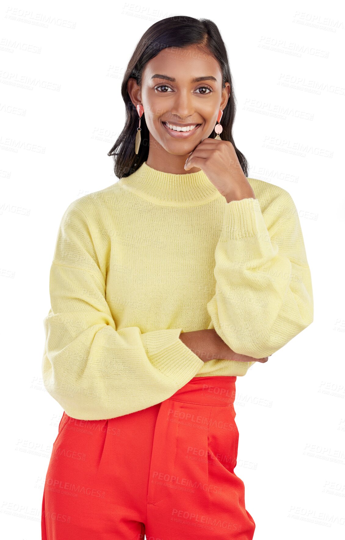 Buy stock photo Woman, smile and portrait with empowerment and confidence with success. Young, professional and fashion Indian female with positive ambition, happy and isolated on a transparent, png background