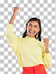 Winner, happy and celebration with a woman on a white background