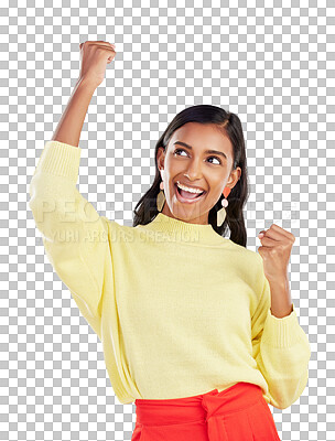 Buy stock photo Winner, happy and celebration of indian woman, fist or isolated on transparent png background for cheering, success or good news. Motivation, wow and excited female model celebrate winning bonus deal