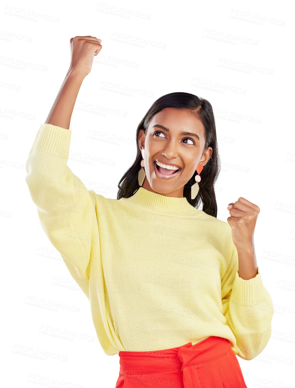 Buy stock photo Winner, happy and celebration of indian woman, fist or isolated on transparent png background for cheering, success or good news. Motivation, wow and excited female model celebrate winning bonus deal