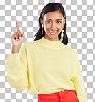 Woman with smile in portrait, pointing with marketing and produc